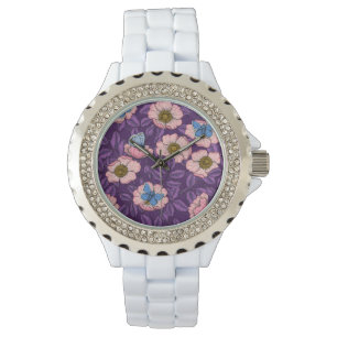 Dog rose and butterflies in pink and purple watch
