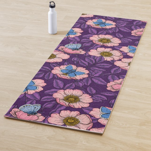 Dog rose and butterflies in pink and purple yoga mat (In Situ)