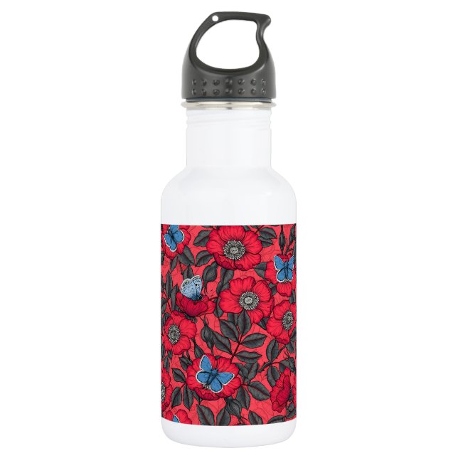 Dog rose and butterflies in red and blue 532 ml water bottle (Front)