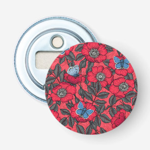 Dog rose and butterflies in red and blue bottle opener