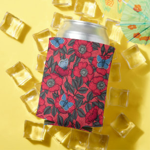 Dog rose and butterflies in red and blue can cooler
