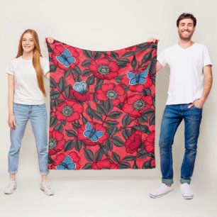 Dog rose and butterflies in red and blue fleece blanket