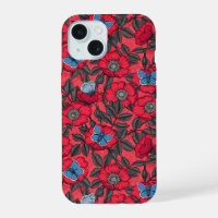 Dog rose and butterflies in red and blue