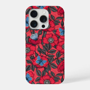Dog rose and butterflies in red and blue iPhone 15 pro case
