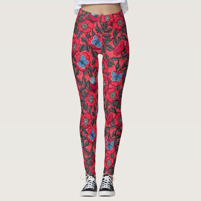 Dog rose and butterflies in red and blue leggings (Front)