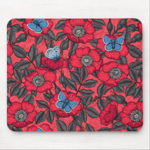 Dog rose and butterflies in red and blue mouse pad