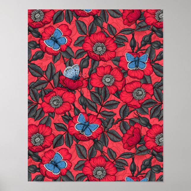 Dog rose and butterflies in red and blue poster (Front)