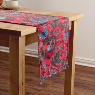 Dog rose and butterflies in red and blue short table runner