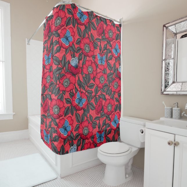 Dog rose and butterflies in red and blue shower curtain (In Situ)