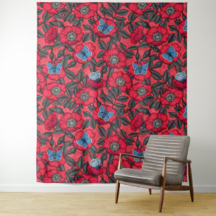 Dog rose and butterflies in red and blue tapestry