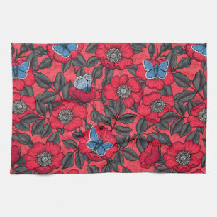 Dog rose and butterflies in red and blue tea towel