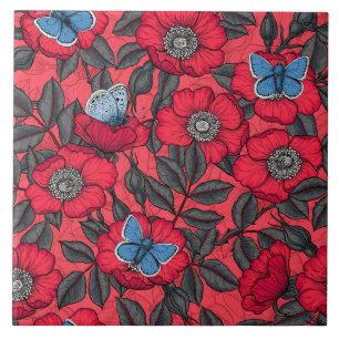 Dog rose and butterflies in red and blue tile