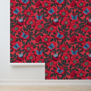 Dog rose and butterflies in red and blue wallpaper