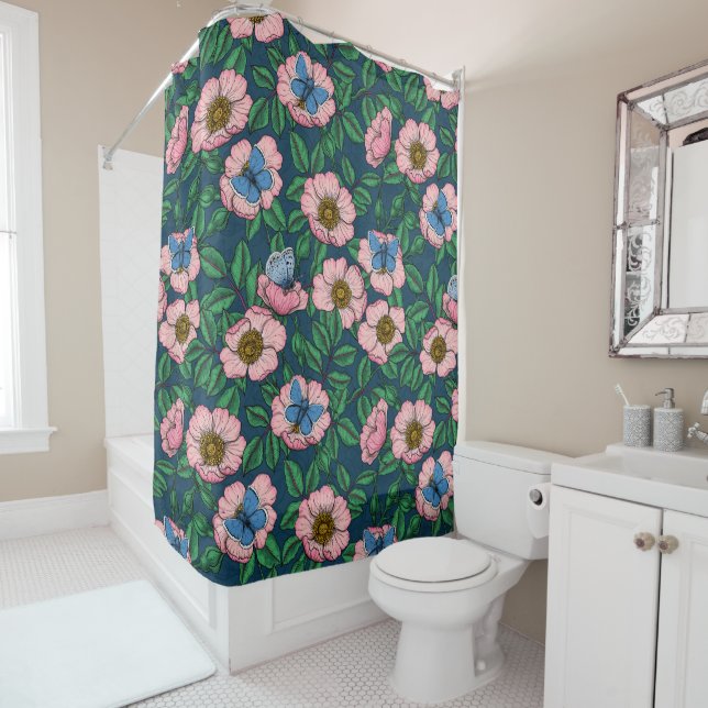 Dog rose and butterflies shower curtain (In Situ)