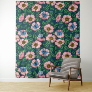Dog rose and butterflies tapestry