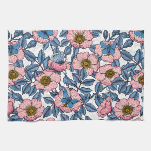 Dog rose and butterflies tea towel