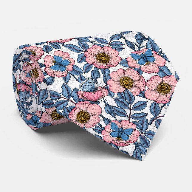 Dog rose and butterflies tie (Rolled)