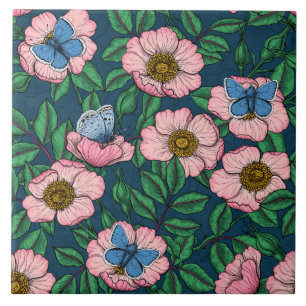 Dog rose and butterflies tile