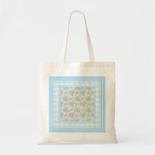 Dog Rose Flowers and Blue Checks Budget Tote Bag