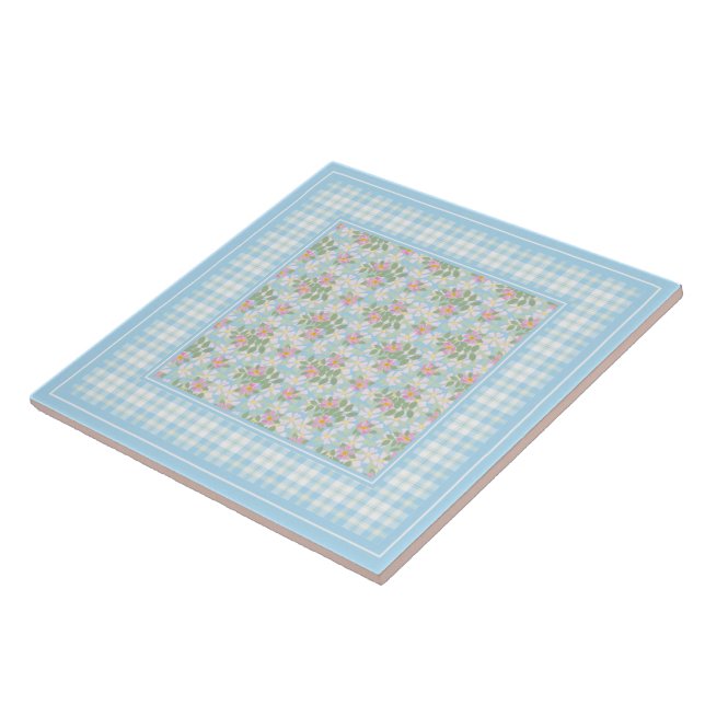 Dog Rose Flowers and Blue Checks Ceramic Tile (Side)