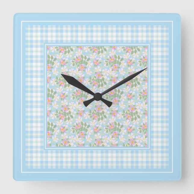 Dog Rose Flowers and Blue Checks Square Wall Clock (Front)