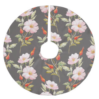 Dog Rose Watercolor: Dark Floral Pattern Brushed Polyester Tree Skirt