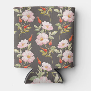 Dog Rose Watercolor: Dark Floral Pattern Can Cooler