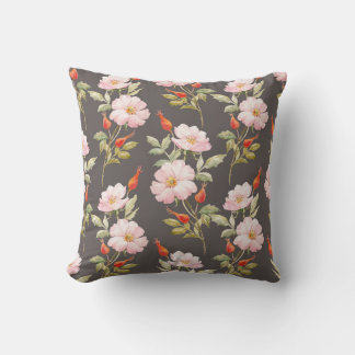 Dog Rose Watercolor: Dark Floral Pattern Cushion