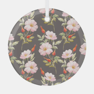 Dog Rose Watercolor: Dark Floral Pattern Glass Tree Decoration