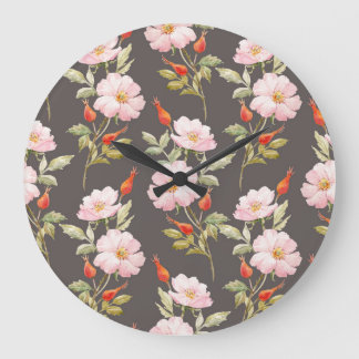 Dog Rose Watercolor: Dark Floral Pattern Large Clock