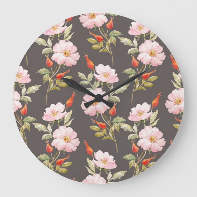 Dog Rose Watercolor: Dark Floral Pattern Large Clock (Front)