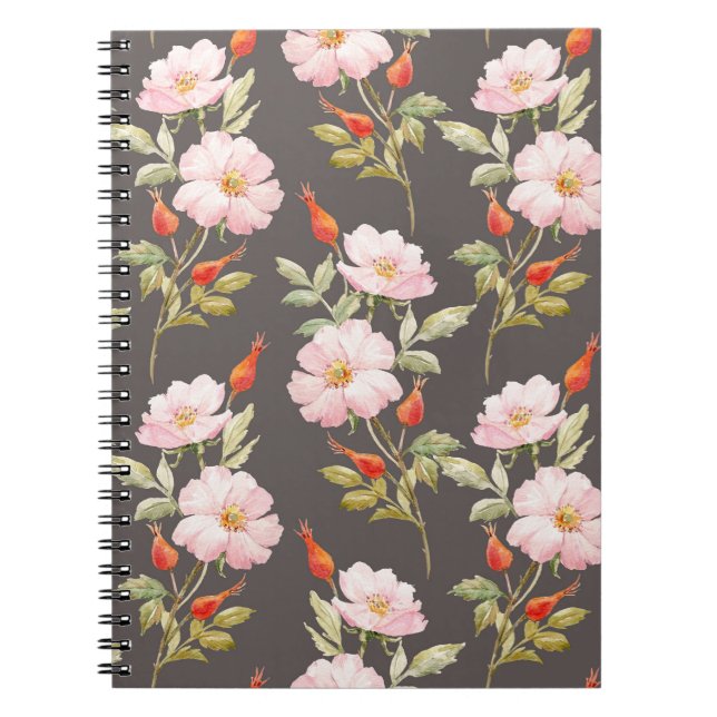 Dog Rose Watercolor: Dark Floral Pattern Notebook (Front)