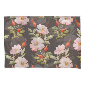 Dog Rose Watercolor: Dark Floral Pattern Pillowcase
