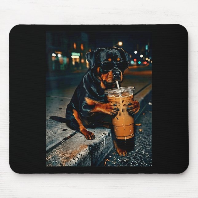 Dog rottweiler drinking iced coffee funny animal mouse pad (Front)