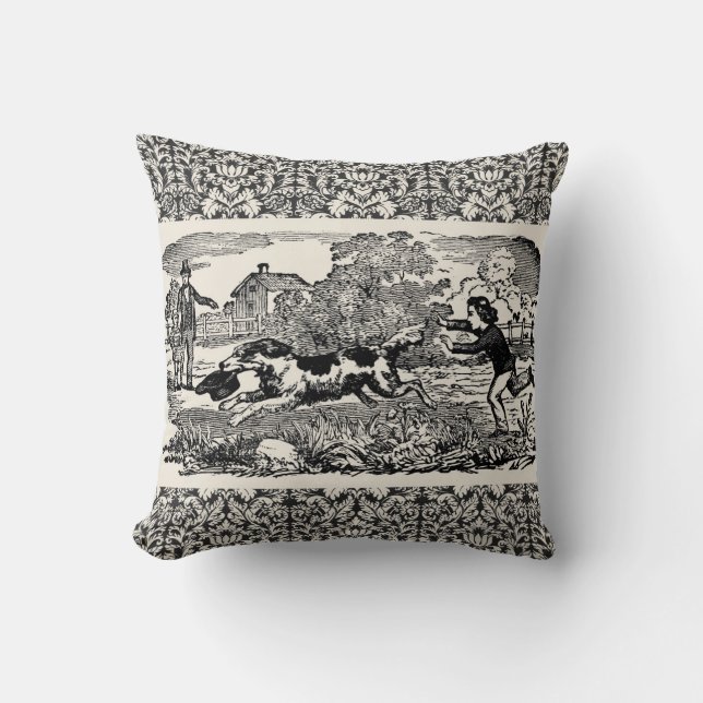 Dog running antique pet art victorian illustration cushion (Front)