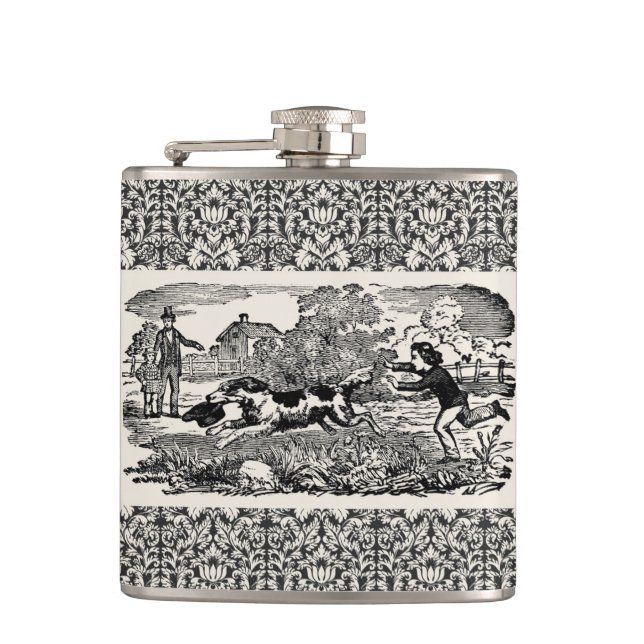 Dog running antique pet art victorian illustration hip flask (Front)