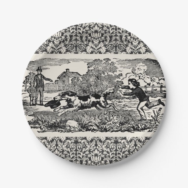 Dog running antique pet art victorian illustration paper plate (Front)