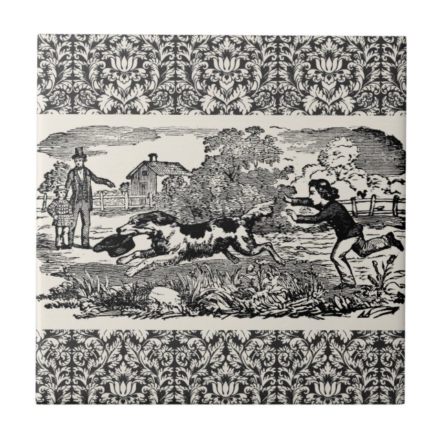 Dog running antique pet art victorian illustration tile (Front)