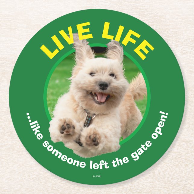 Dog Running In Yard Round Paper Coaster (Front)