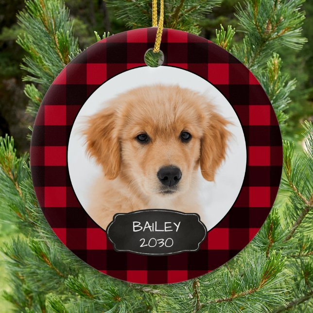 Dog Rustic Red Plaid Christmas Puppy Pet Photo   Ceramic Tree Decoration (Creator Uploaded)