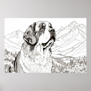 Dog Saint Bernard Peaceful Nature Prairie Sketch Poster