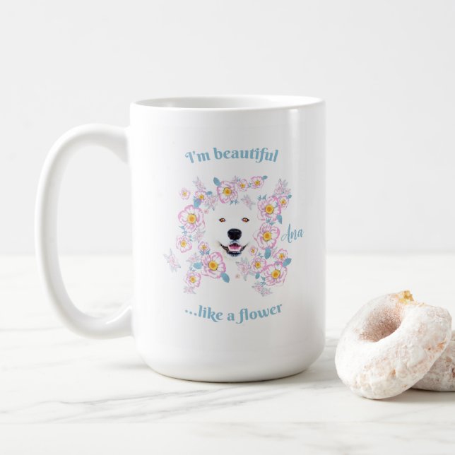 Dog Samoyed and pink flowers  Coffee Mug (With Donut)
