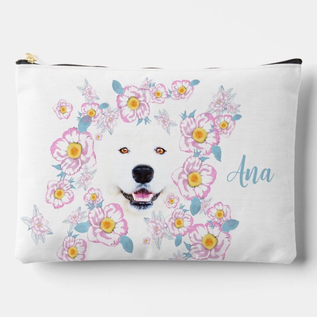 Dog Samoyed and pink flowers, customized name Accessory Pouch (Front)