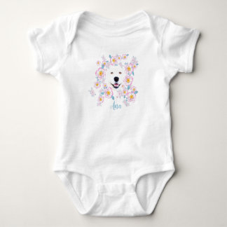 Dog Samoyed and pink flowers, customized name Baby Bodysuit