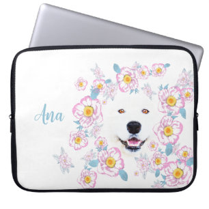 Dog Samoyed and pink flowers, customized name Laptop Sleeve