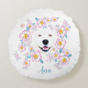 Dog Samoyed and pink flowers, customized name Round Cushion