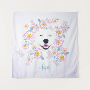 Dog Samoyed and pink flowers, customized name Tapestry