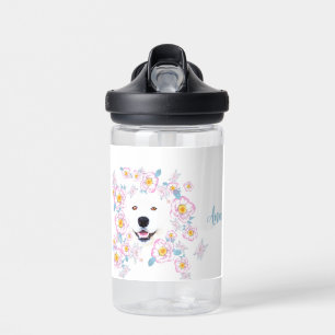 Dog Samoyed and pink flowers, customized name Water Bottle