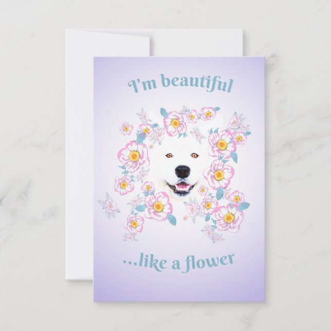 Dog Samoyed and pink flowers Flat Greeting Card (Front)