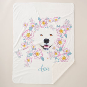 Dog Samoyed and pink flowers Sherpa Blanket